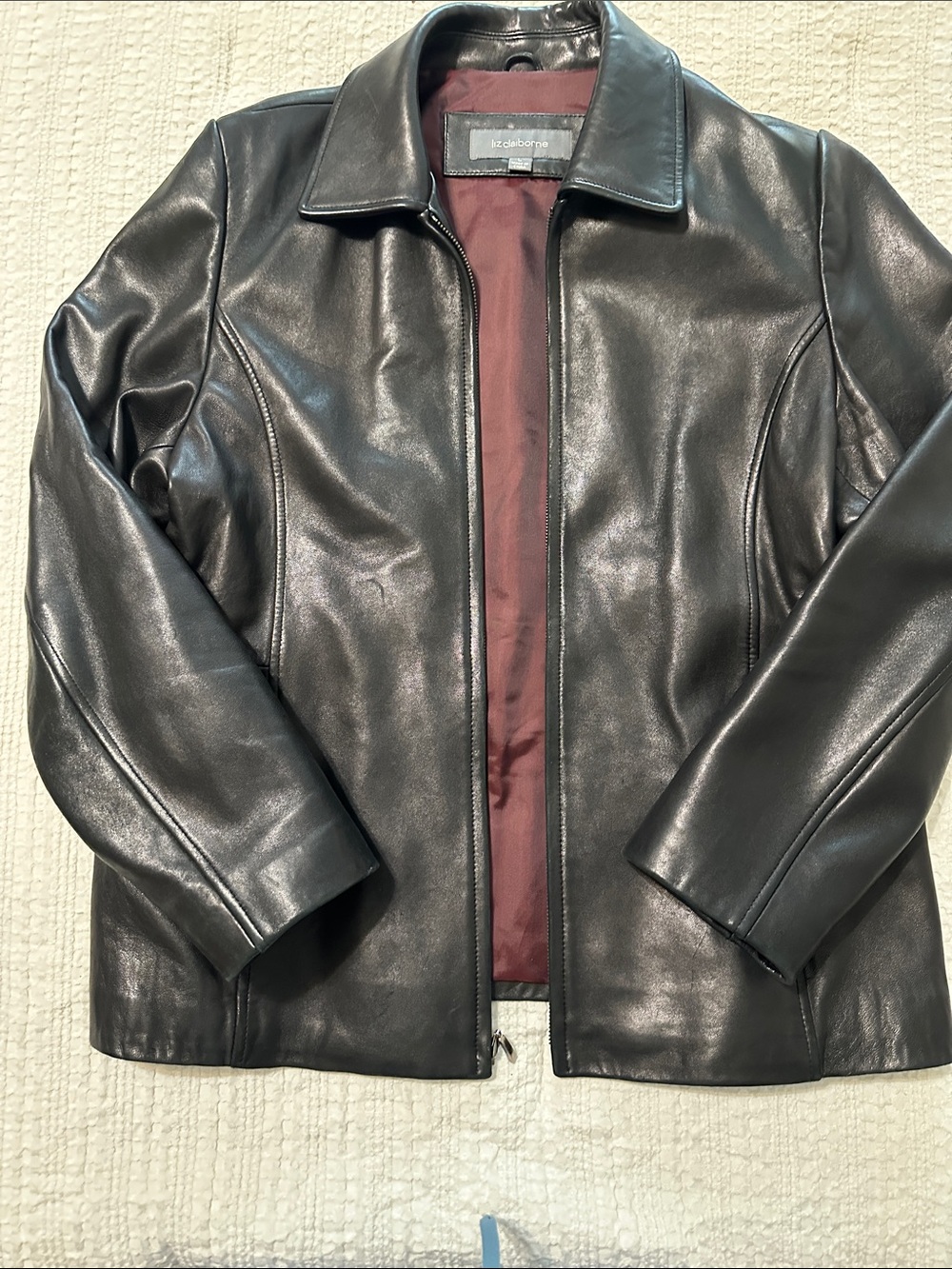 Liz Claiborne Black Leather Jacket with Burgundy Lining